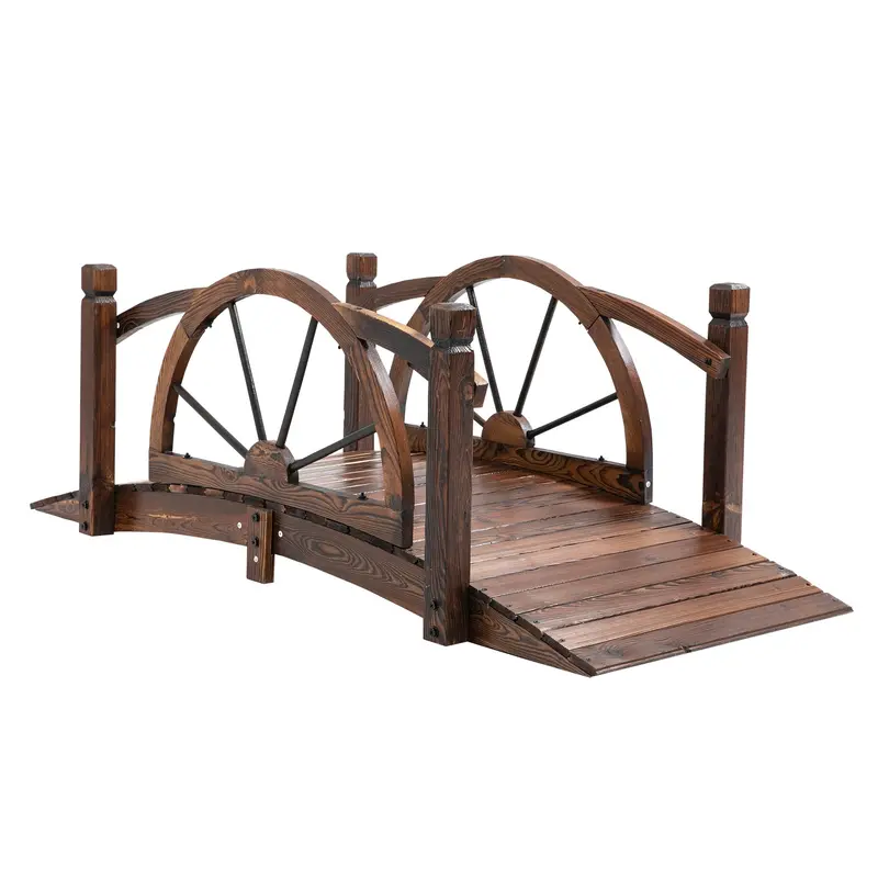 1.5-Metre Stained Wooden Garden Bridge – Arched Footbridge With Safety Railings 1