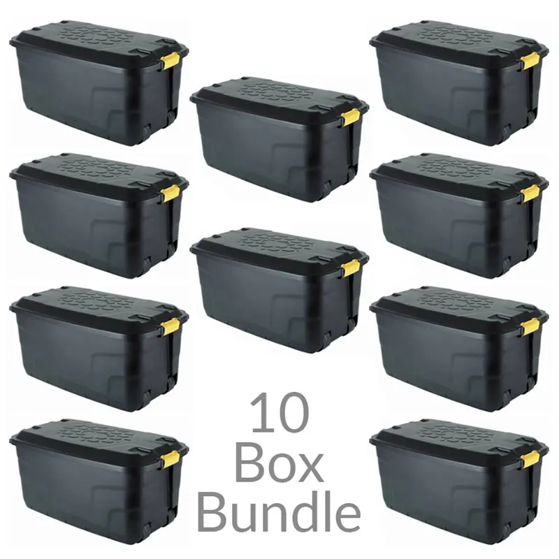 10-Pack Heavy-Duty 145L Black Plastic Storage Boxes – Extra-Large Industrial-Grade Containers By Strata 1