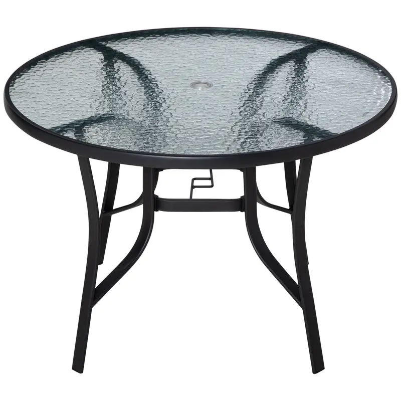 106Cm Round Tempered Glass Garden Dining Table – Steel Frame With Parasol Opening 1