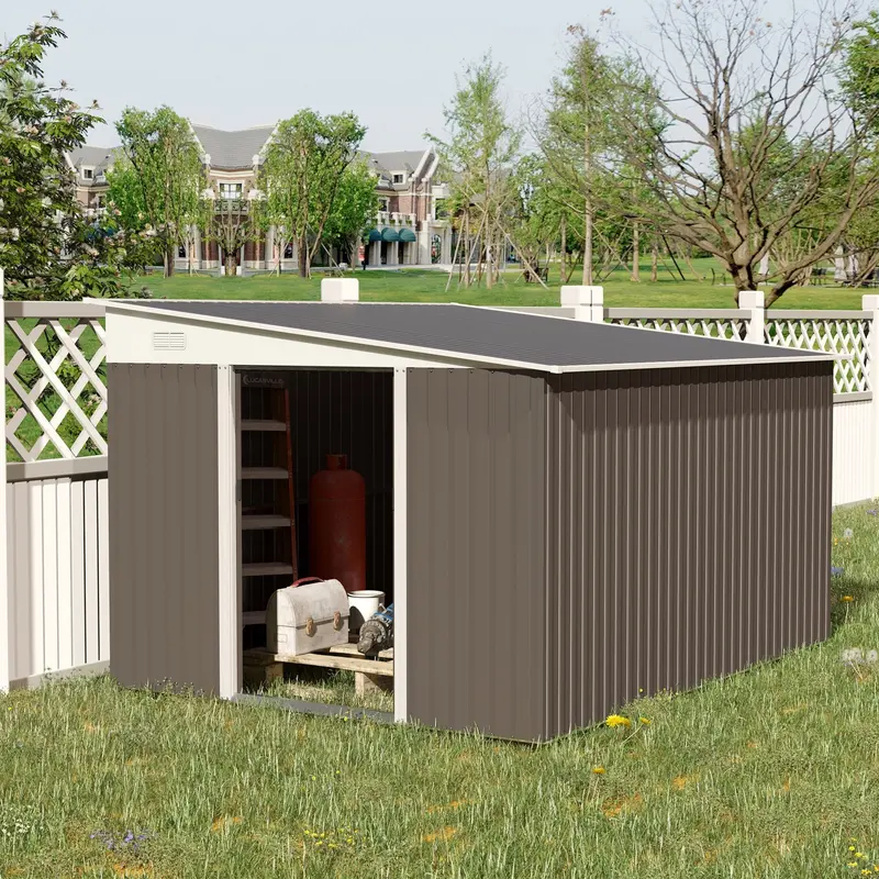 11.3Ft X 9.2Ft Galvanized Offset Pent Garden Shed With Sliding Doors & Ventilation – Steadfast, Grey 1