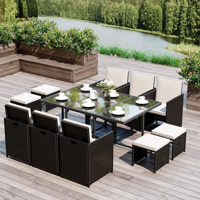 11-Piece Rattan Outdoor Dining Set With Weather-Resistant Cushions – Black And Cream White 1