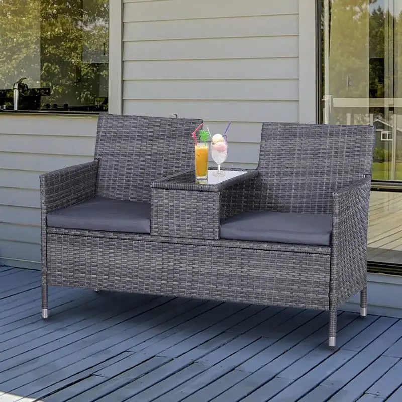 2-Seater Pe Rattan Garden Bench With Center Table – Grey 1
