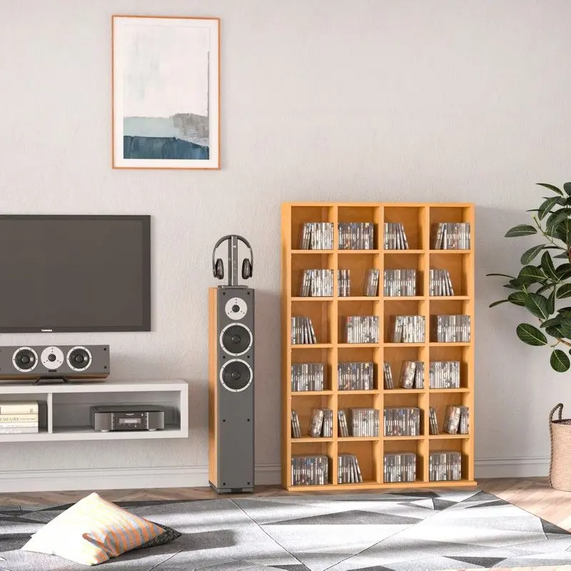 26-Slot Adjustable Multimedia Shelving Unit With Modular Brown Wood Construction 1