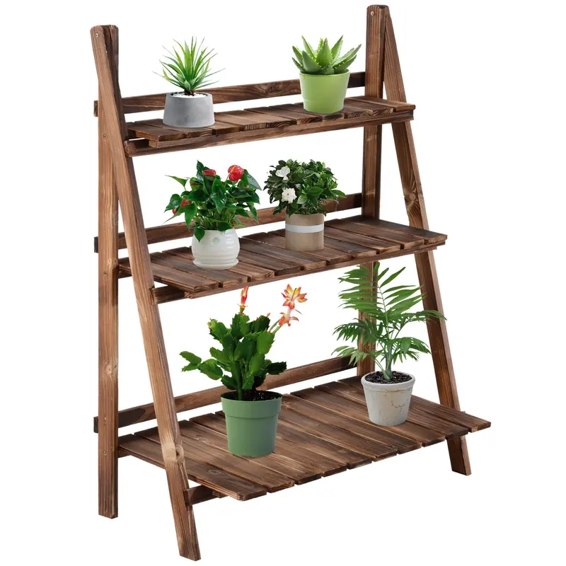 3-Tier Wooden Folding Plant Stand – Garden Planter Ladder Shelf For Pots & Herbs (80X37X93 Cm) 1