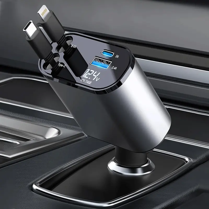 4-In-1 Retractable Dual-Port Car Charger – Fast-Charging Usb Adapter With Auto-Retracting Cables For All Smartphones 1