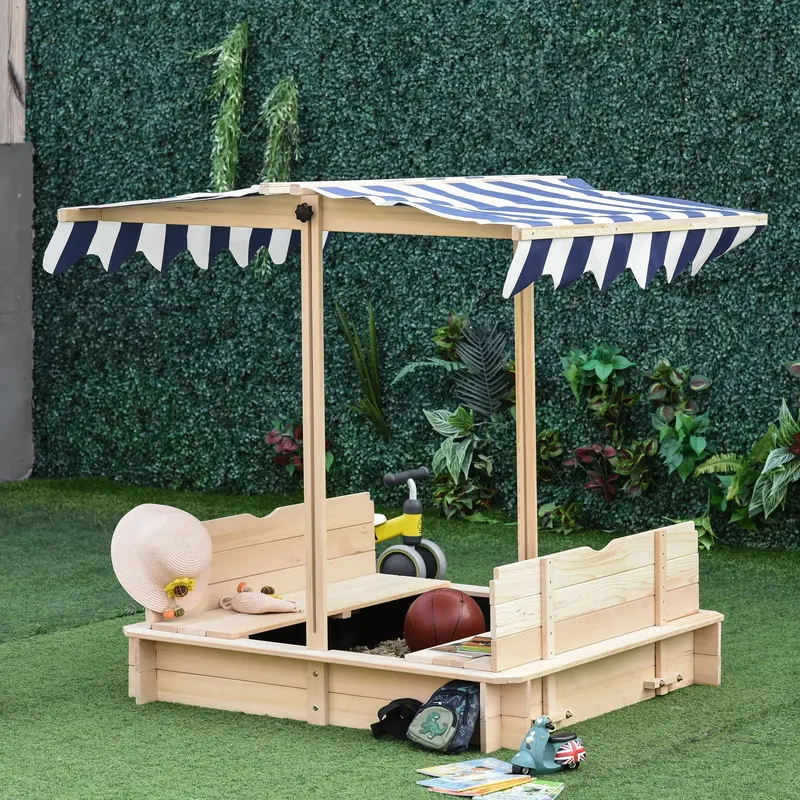 Adjustable Canopy Sandpit – Kids’ Wooden Sandbox With Dual Lids For Garden Use 1