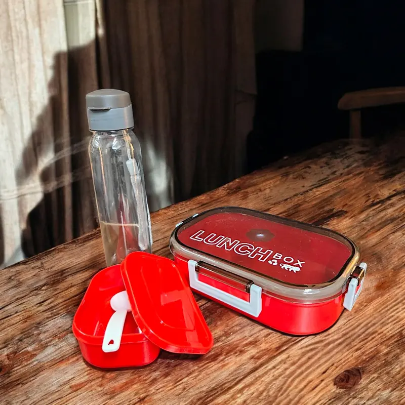 All-In-One Student Lunch Set – Leakproof Bento Box With Spoon & 1L Water Bottle (Made In India, Multicolor) 1