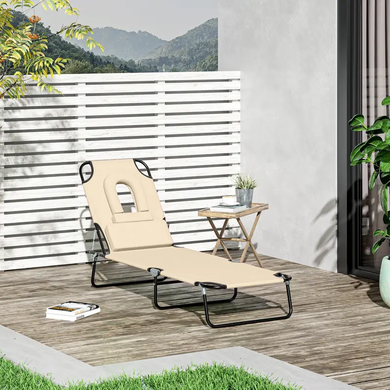 Beige Foldable Reclining Sun Lounger With Reading Cutout And Comfort Pillow 1
