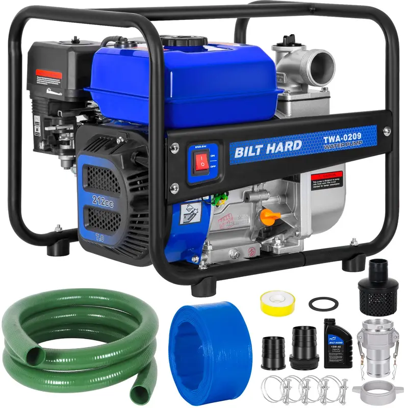 Bilt Hard 2-Inch Semi-Trash Gas Water Pump – 158 Gpm, 7Hp 212Cc 4-Cycle Engine, Epa-Certified With 50-Foot Discharge Hose 1