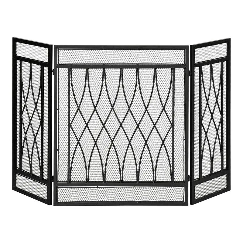 Black 126 Cm Wide Three-Panel Folding Fireplace Screen With Metal Mesh Spark Guard 1