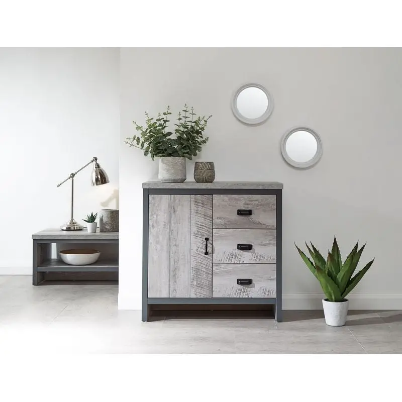 Boston Grey Mixed-Material Sideboard – Metal & Wood Construction, 1 Door, 1 Shelf, 3 Drawers 1