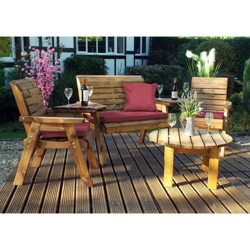 Charles Taylor Scandinavian Redwood Patio Dining Set – 4-Person Outdoor Furniture With Burgundy Cushions (Updated) 1