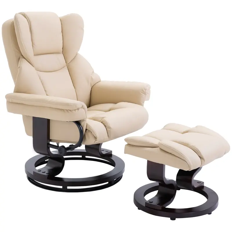 Cream Pu Leather Reclining Swivel Armchair & Matching Footstool – Bentwood Base 1