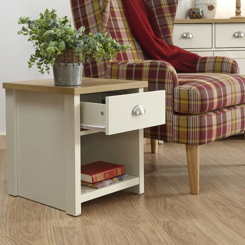 Cream Side Table With Drawer And Open Shelf – Lancaster Modern Design 1
