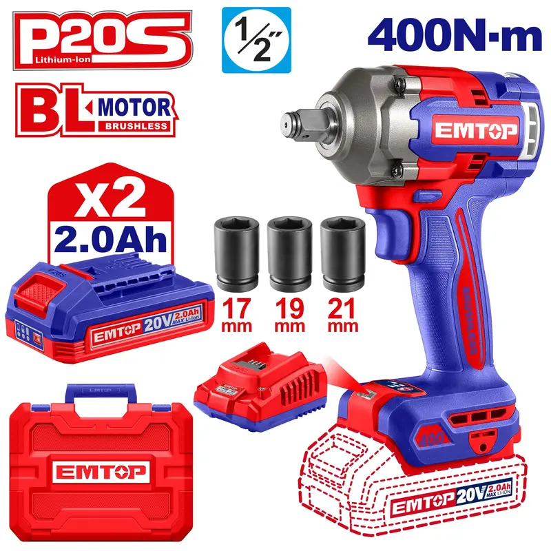 Emtop Eciwl2040 Cordless 20V Impact Wrench – 1/2" Drive, 400Nm Tightening & 550Nm Breakaway Torque 1