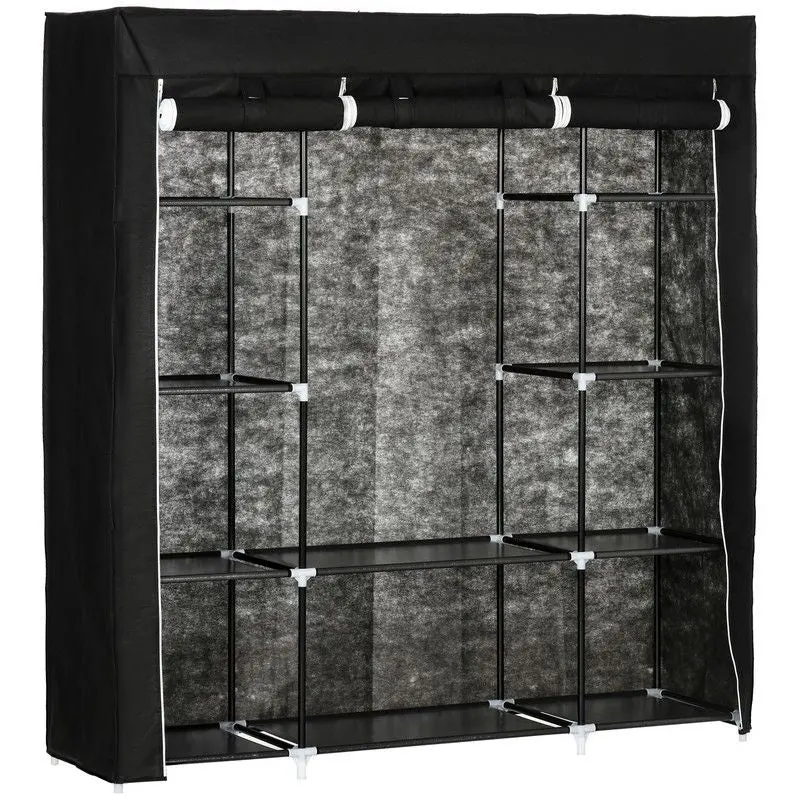 Foldable Fabric Wardrobe – Portable Black Closet With Ten Shelves And One Hanging Rail (150 × 43 × 162.5 Cm) 1