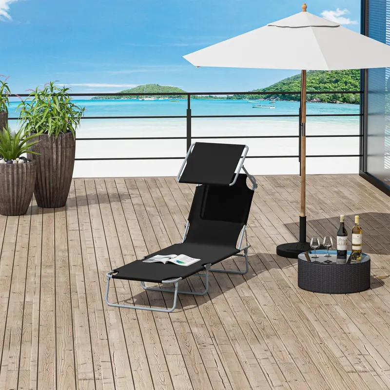 Foldable Outdoor Recliner With Adjustable Backrest And Retractable Sun Shade – Black 1