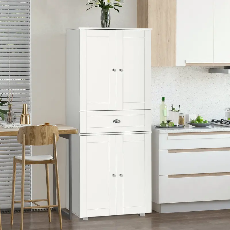 Freestanding Tall Kitchen Cabinet – 4-Door Storage Unit With Drawer & 3 Adjustable Shelves 1