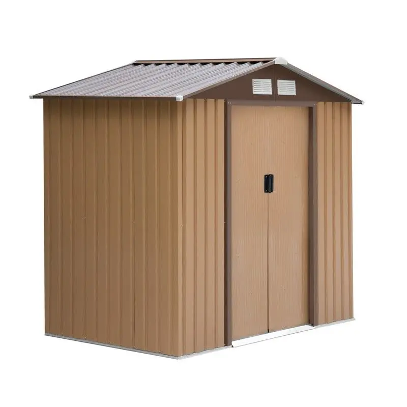 Galvanized Steel 7Ft X 4Ft Double-Door Reverse Apex Garden Shed – Light Brown 1
