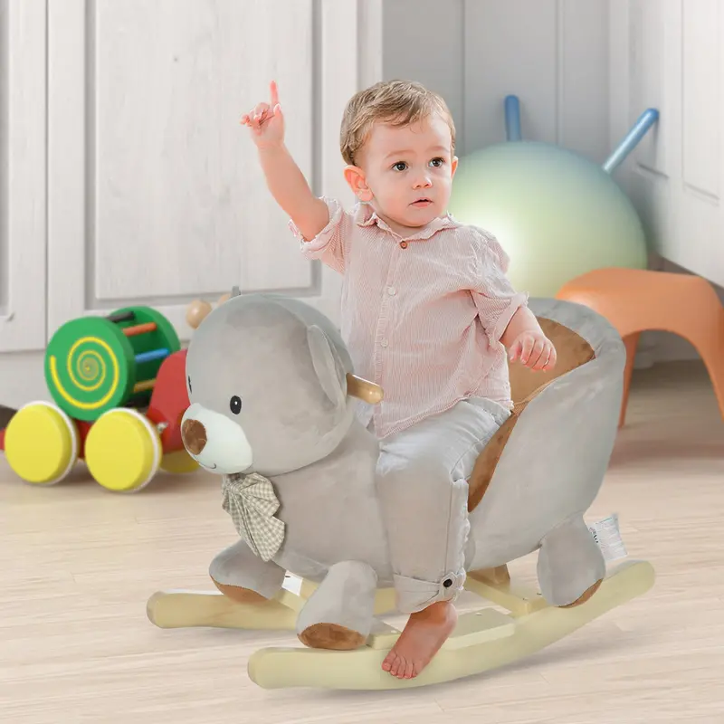 Grey Plush Bear Rocking Horse – Gentle Ride-On Toy With Sturdy Wooden Rocker Base 1