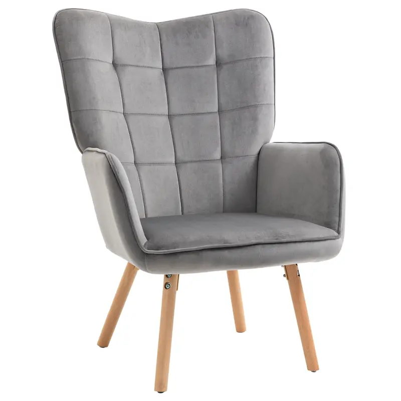 Grey Velvet Tufted Wingback Accent Chair With Wooden Legs 1