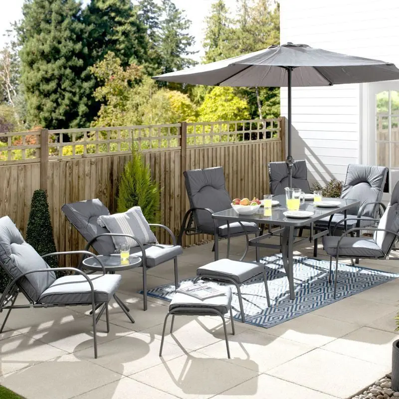 Hartwell 11-Piece Patio Dining Set – Grey Pinstripe Cushioned Outdoor Seating For 6 (Croft) 1