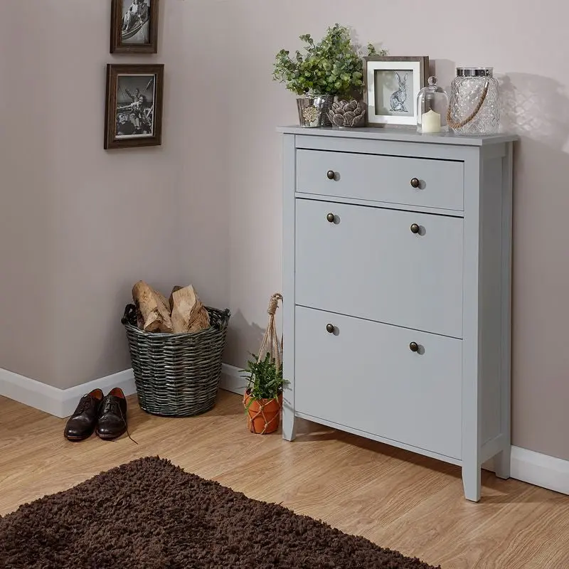 Hattie Collection Tall Shoe Storage – Grey Two-Door Cabinet With Functional Front Drawer 1