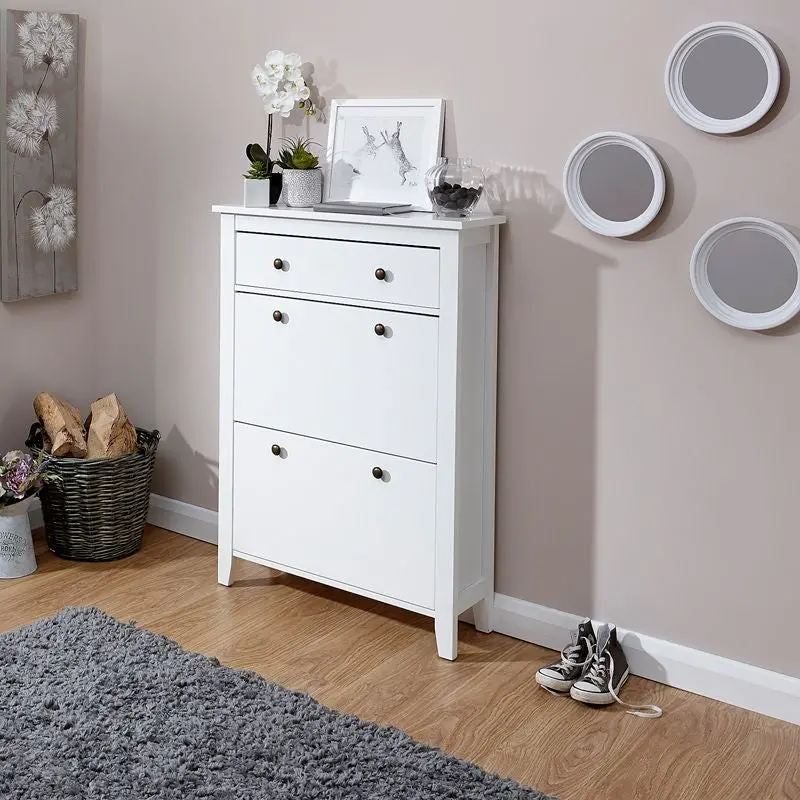 Hattie Collection Tall Shoe Storage Unit – White Two-Door Cabinet With Integrated Drawer 1