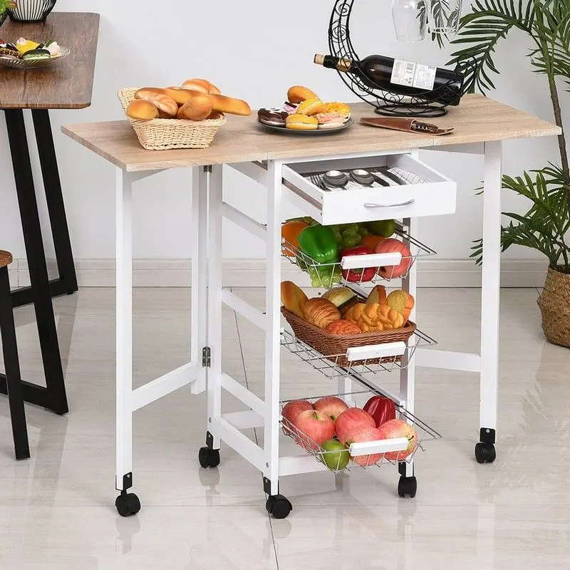 Homcom Drop-Leaf Kitchen Island Cart – Rolling Trolley With Baskets And Drawer 1