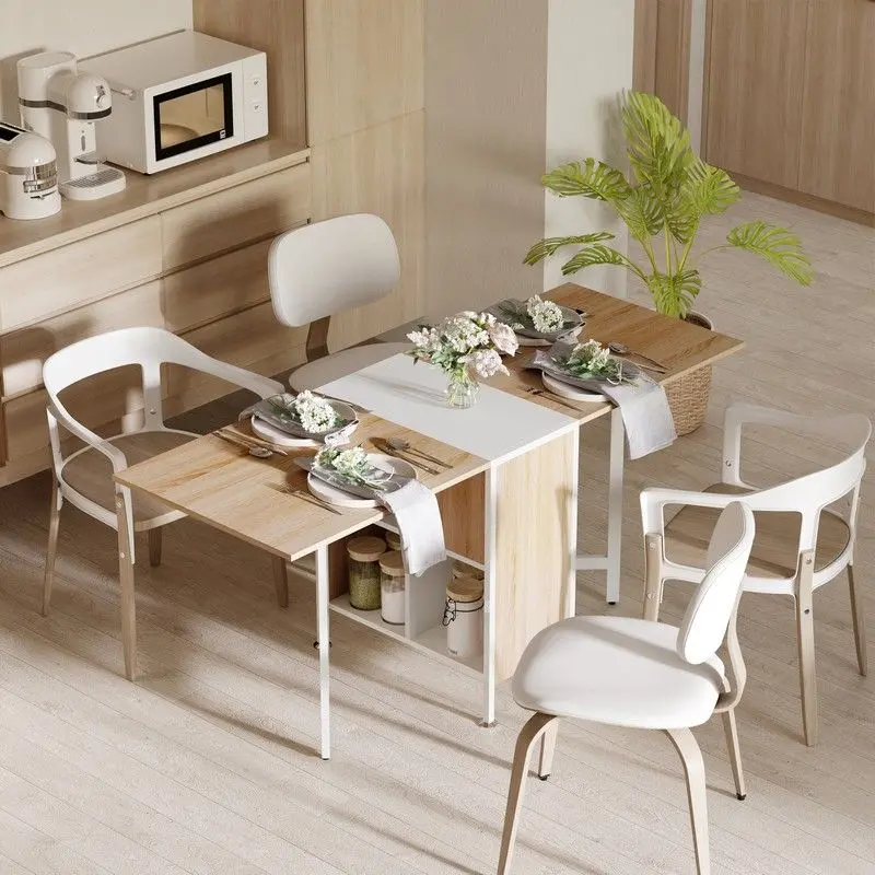 Homcom Foldable Drop-Leaf Dining Table – Compact Oak & White Workstation With Cube Shelves 1