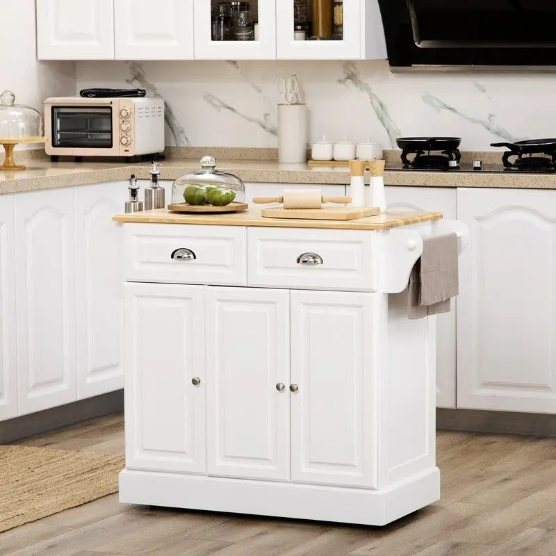 Homcom Rolling Kitchen Island Cart – White Rubberwood-Top Serving Station With Towel Rack & Drawer 1
