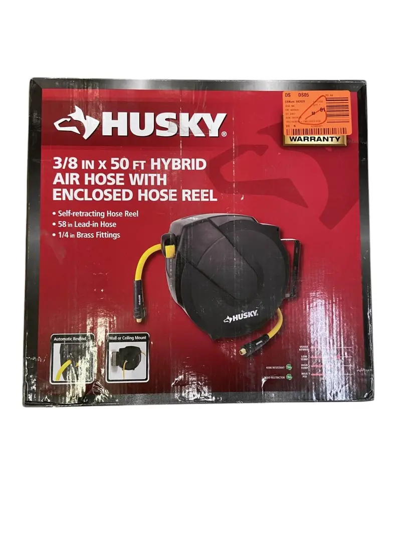 Husky Hybrid Air Hose With Built-In Reel – 3/8" X 50 Ft, Durable Coiled Design 1