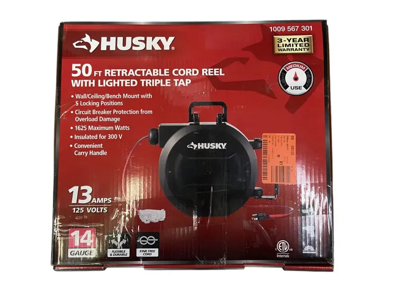 Husky Lts-Xp001 50-Foot Indoor Extension Cord Reel With Triple Tap Outlet 1