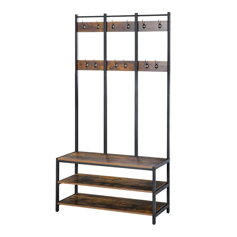 Industrial Coat Stand – Freestanding Hall Tree With Hooks And Base Shelf 1