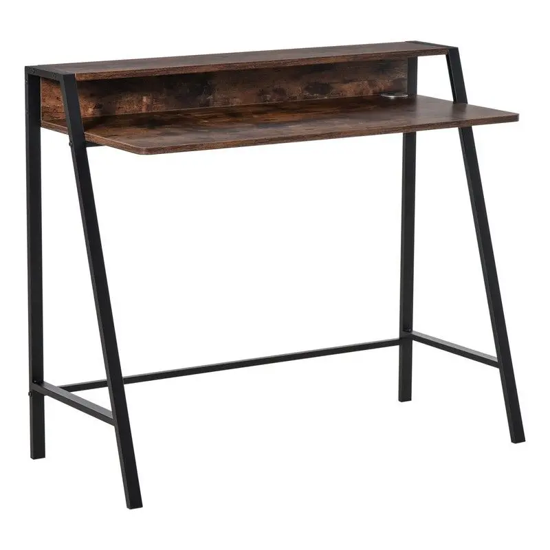 Industrial-Inspired Writing Desk With Integrated Top Shelf – Rustic Brown Finish 1