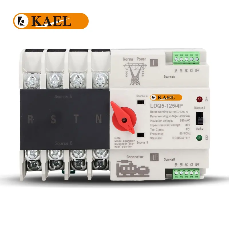 Kael Ldq5-125/4P Red Knob Three-Phase Ats – 220V Dual-Supply Automatic Transfer Switch, Din-Mountable 1