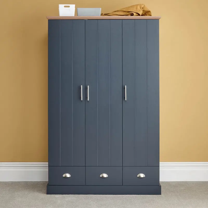 Kendal Blue Tall Wardrobe – 3-Door Storage Unit With 1 Shelf And 3 Interior Drawers 1