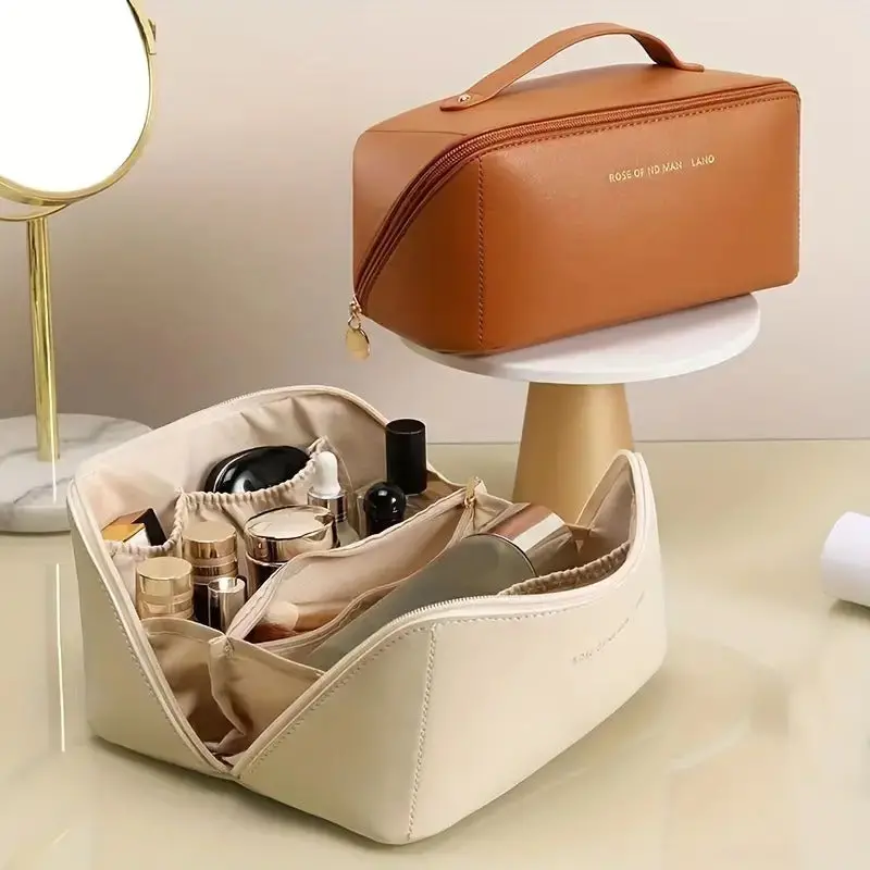 Large Leather Travel Cosmetic Bag – Organized Makeup Case With Dividers, Handle & Wide Opening Design 1