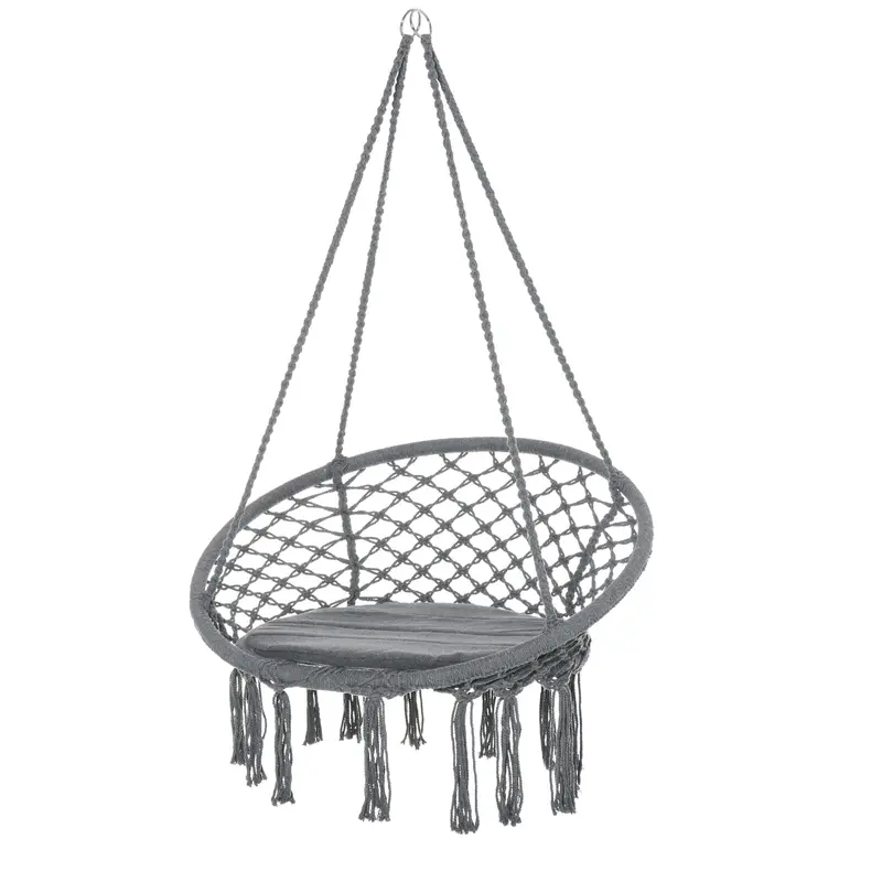 Macramé Hanging Rope Chair – Cotton-Polyester Outdoor Swing Seat With Cushion 1