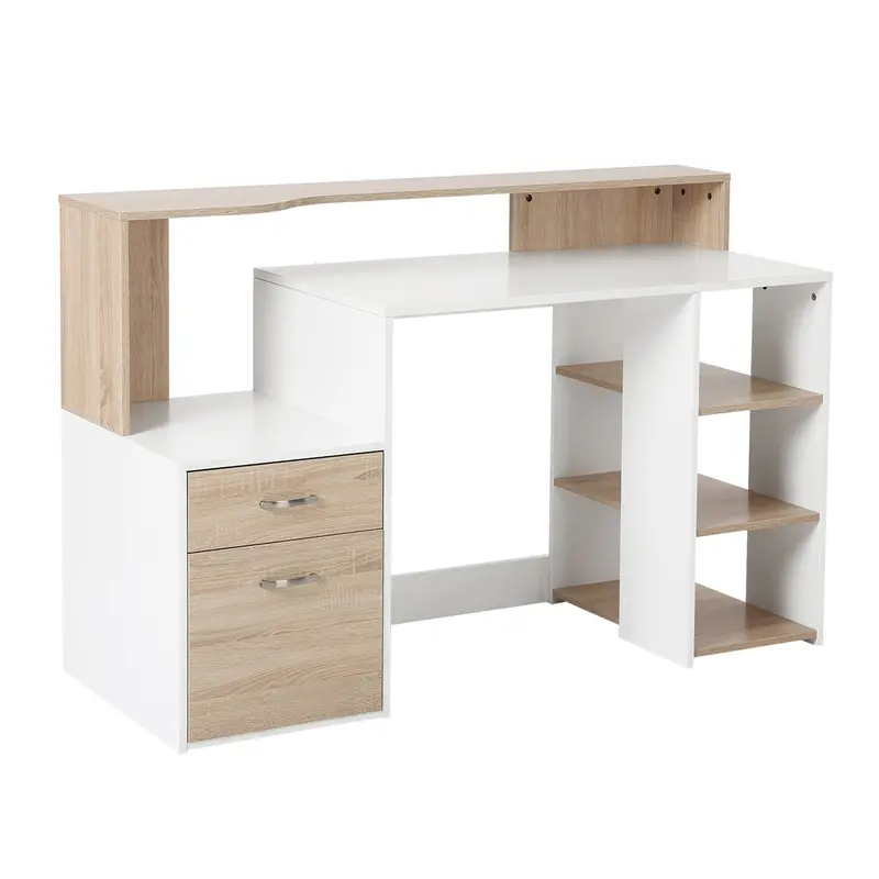 Modern L-Shaped Computer Desk With Printer Shelf, Storage Drawer, And Oak-White Finish 1