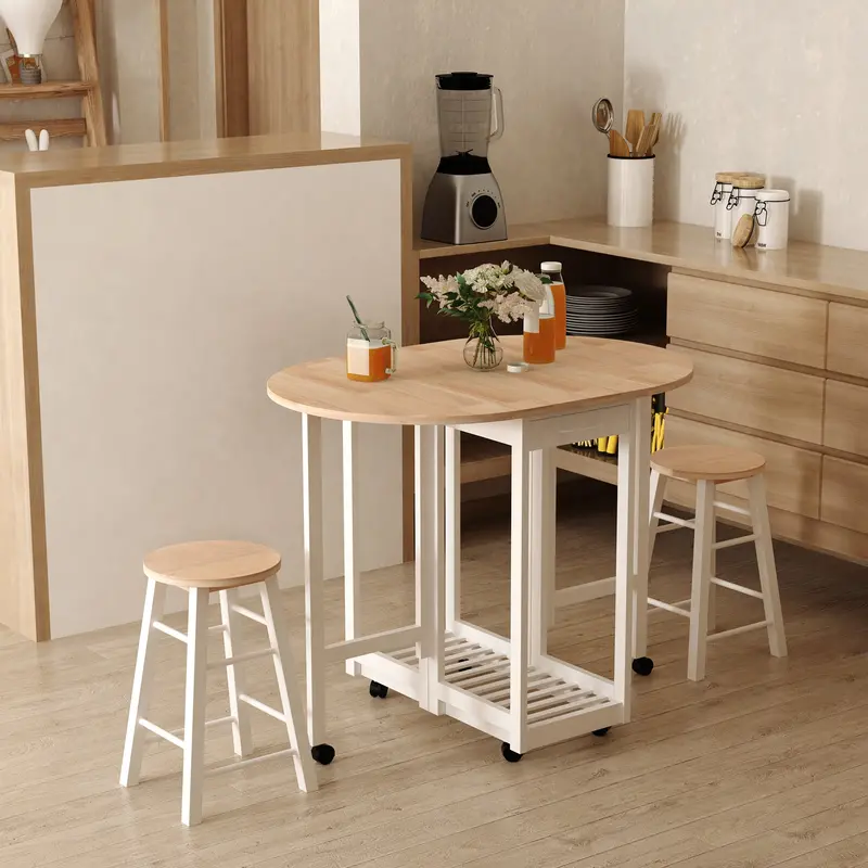 Modular Wooden Kitchen Trolley With Foldable Bar Table, Two Stools, Drawers, And Six-Wheel Mobility 1