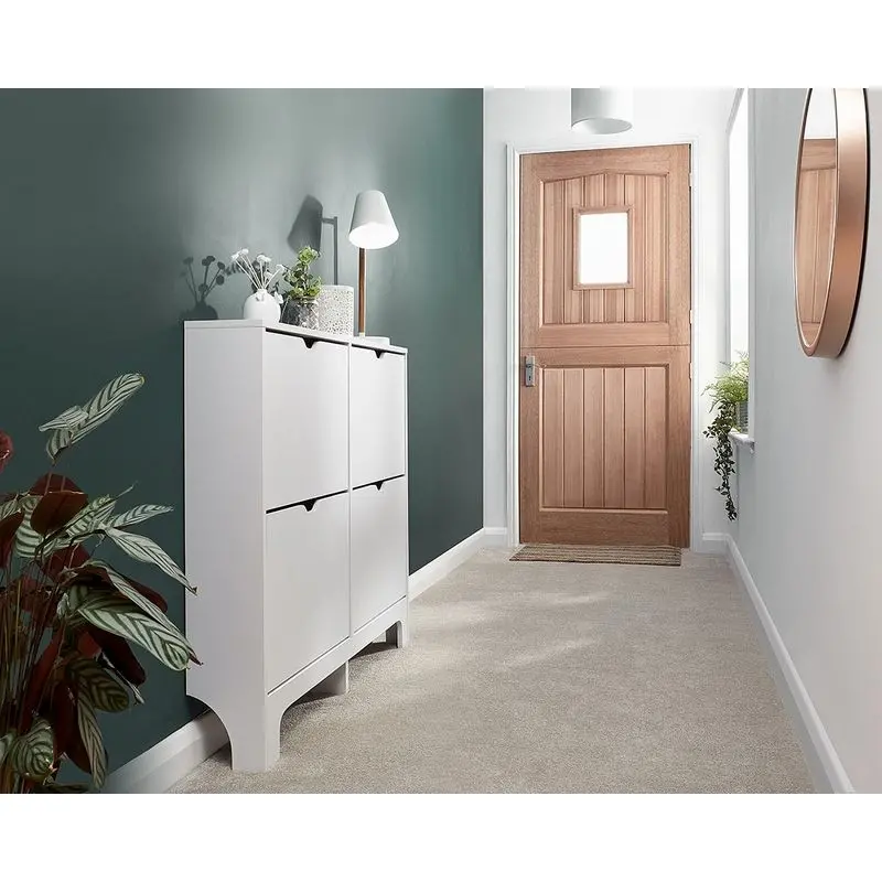 Narrow White Shoe Cabinet With 4 Doors And 4 Interior Shelves 1