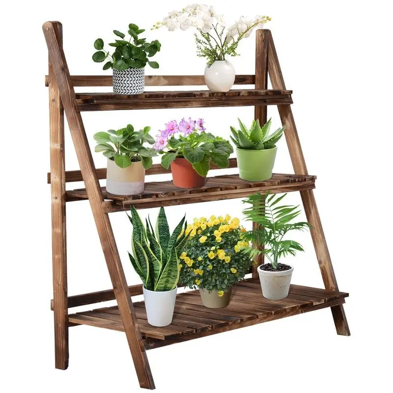 Outsunny 3-Tier Folding Wooden Flower Stand – Outdoor Plant Display Rack (100 × 37 × 93 Cm) 1