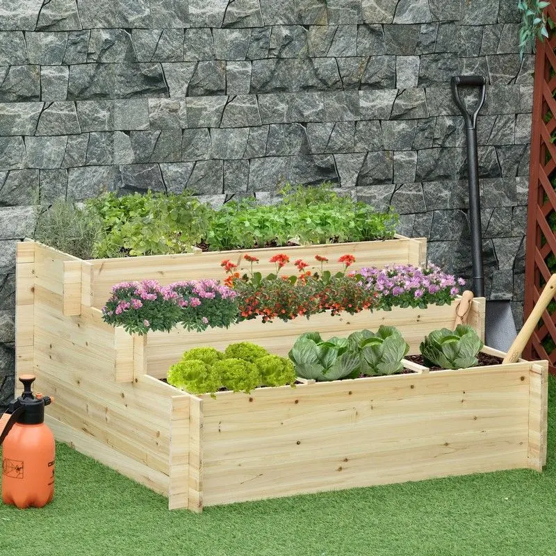 Outsunny 3-Tier Raised Garden Planter – 117L Capacity With Grow Grids & Weed-Barrier Fabric 1