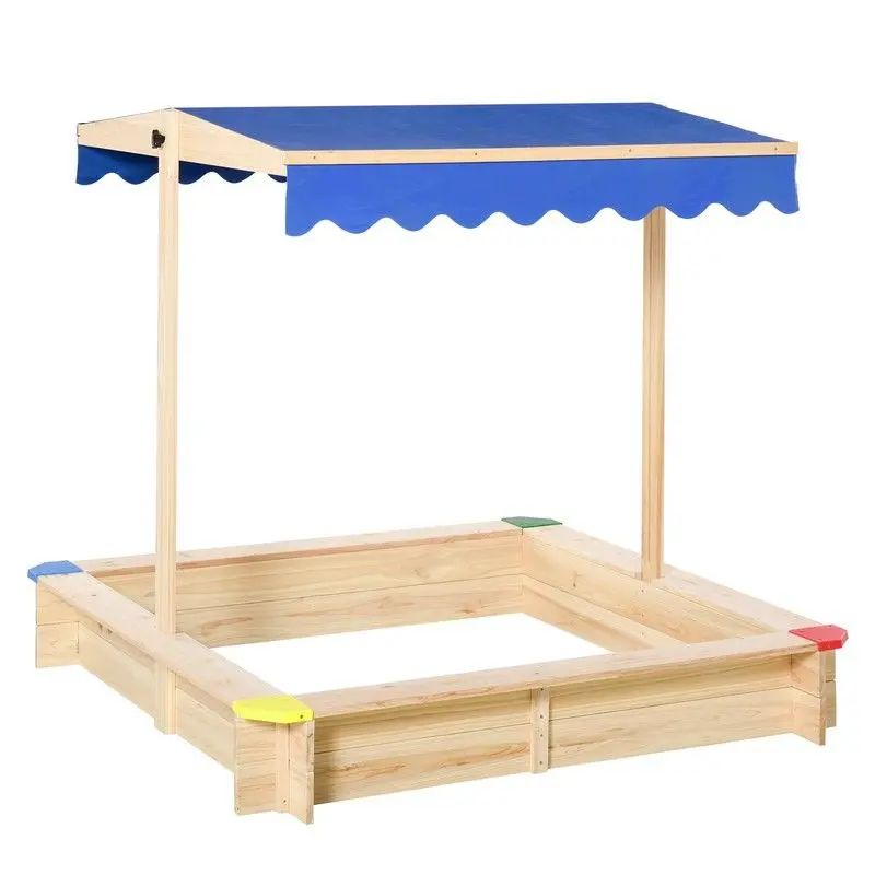 Outsunny Wooden Square Sandpit With Canopy For Kids – Outdoor Backyard Play Sandbox 1
