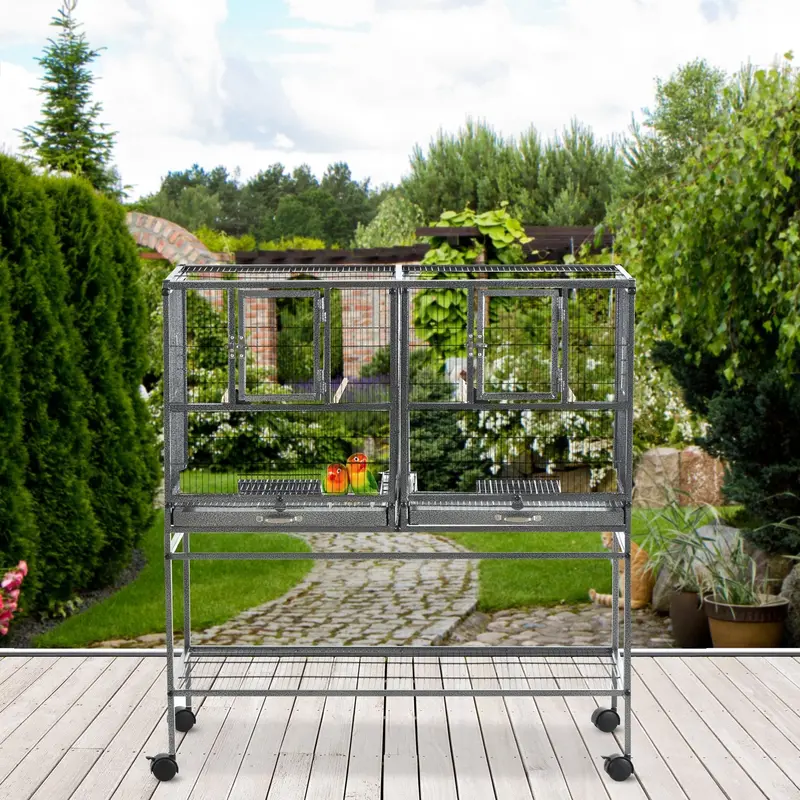 Pawhut 102 Cm Wheeled Parrot Cage – Grey & Black Grille Design 1