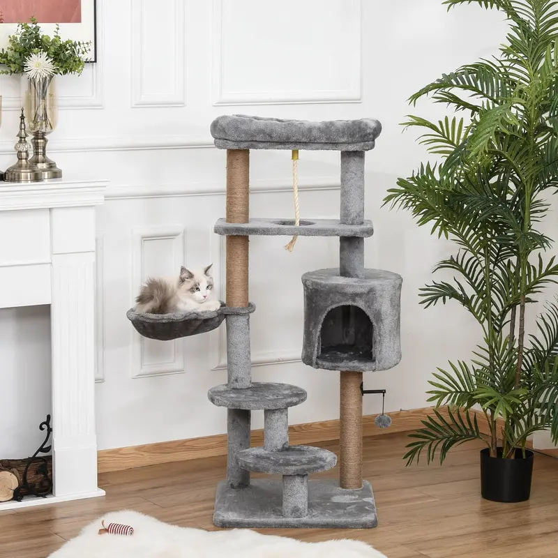 Pawhut 120Cm Light Grey Cat Tree – Tall Indoor Climbing Tower With Teasing Rope & Hammock 1