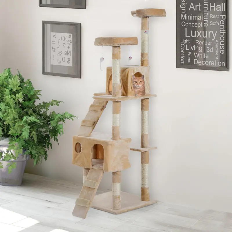 Pawhut 170 Cm Cream-Colored Cat Tower With Scratching Post, Climbing Levels & Activity Hub 1