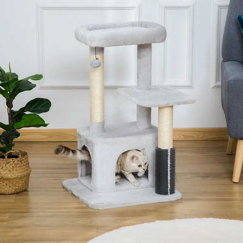Pawhut 48X48X85Cm Indoor Cat Tower – Grey Kitten Activity Center With Condo & Hammock 1