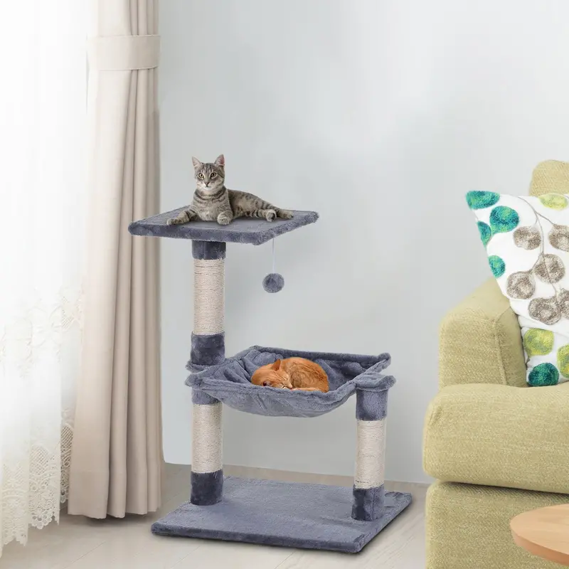 Pawhut 70 Cm Durable Cat Tree With Hammock, Sisal Posts & Grey Plush Finish 1